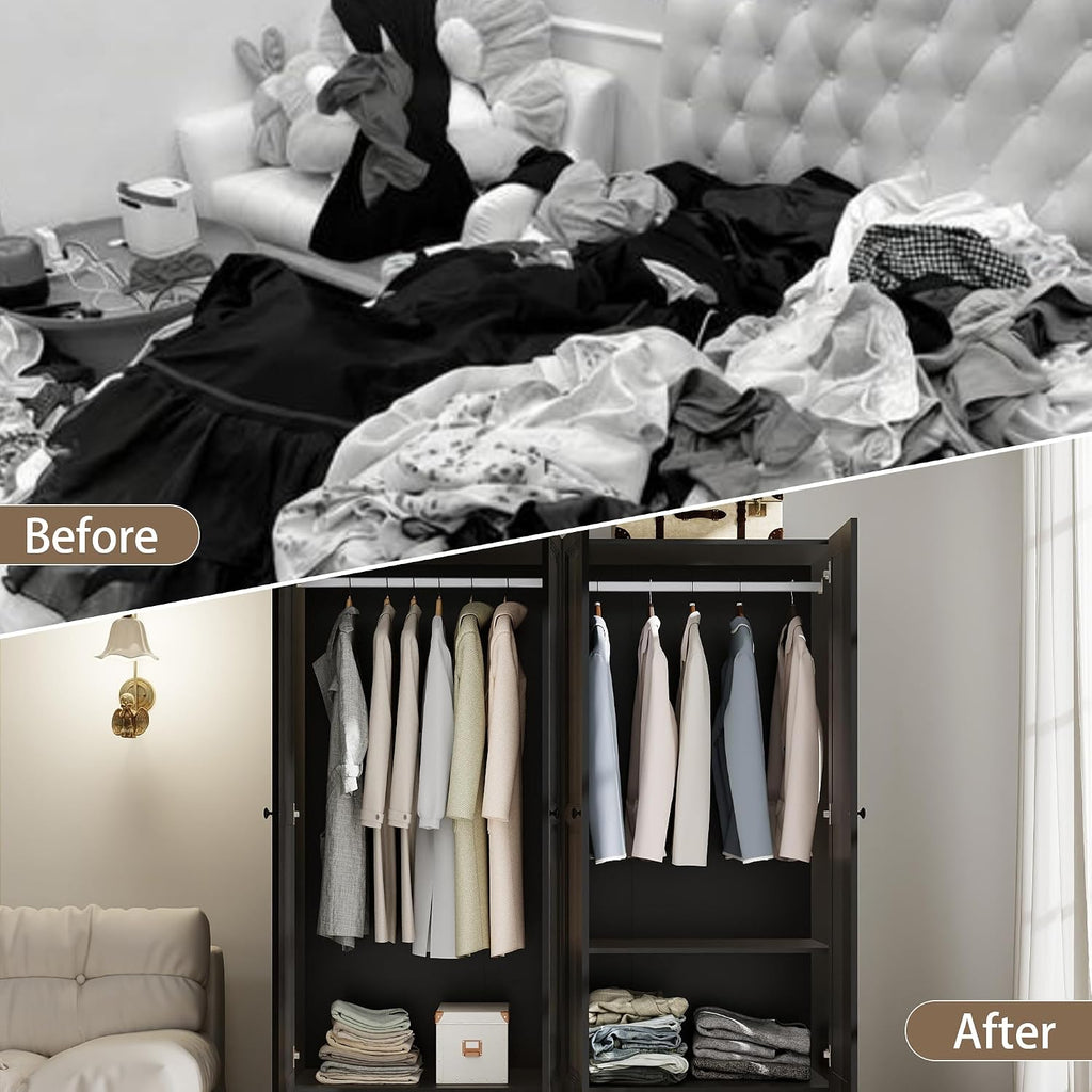 Armoire Wardrobe Closet with Doors: 74" Large Wardrobe Closet with 2 Drawers and 4 Doors, Modern Black Bedroom Armoires, Tall Closet Cabinet for Hanging Clothes (Black, 63")