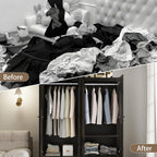 Armoire Wardrobe Closet with Doors: 74" Large Wardrobe Closet with 2 Drawers and 4 Doors, Modern Black Bedroom Armoires, Tall Closet Cabinet for Hanging Clothes (Black, 63")
