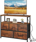DUMOS TV Stand, Dresser with 5 Fabric Storage Drawers, Media Console Featuring Open Shelf, Fabric Storage Cabinet with Charging Station, Compact Entertainment Unit for Bedroom, Living Room, Brown