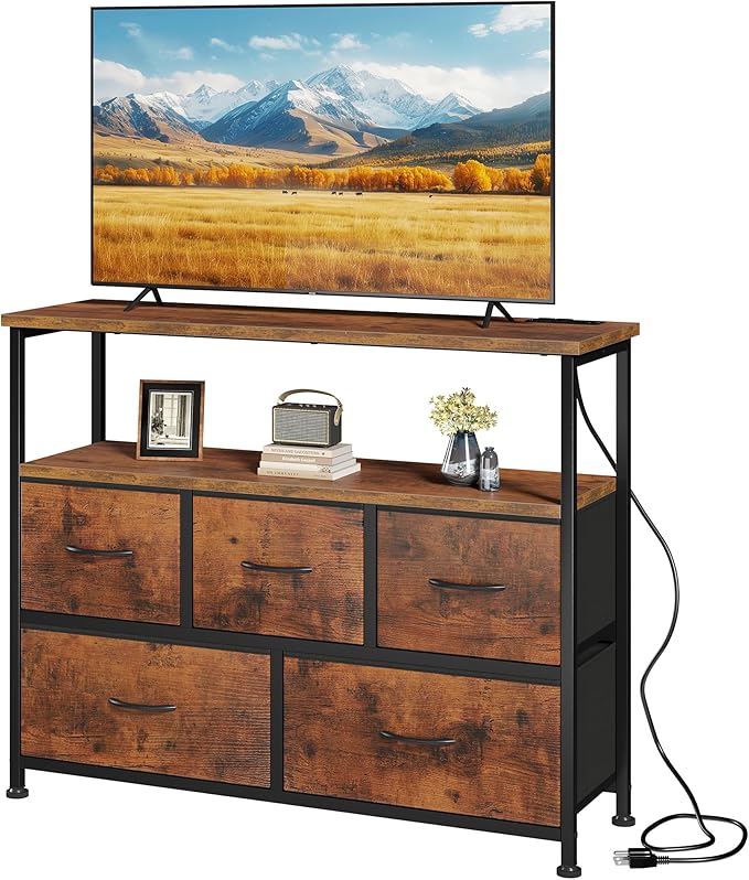 DUMOS TV Stand, Dresser with 5 Fabric Storage Drawers, Media Console Featuring Open Shelf, Fabric Storage Cabinet with Charging Station, Compact Entertainment Unit for Bedroom, Living Room, Brown