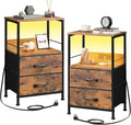 WLIVE Night Stand Set of 2 with Charging Station, LED Nightstand Sets with 2 Fabric Drawers and Storage Shelf, Small Bedside Tables for Small Spaces, Dresser for Bedroom, Rustic Brown