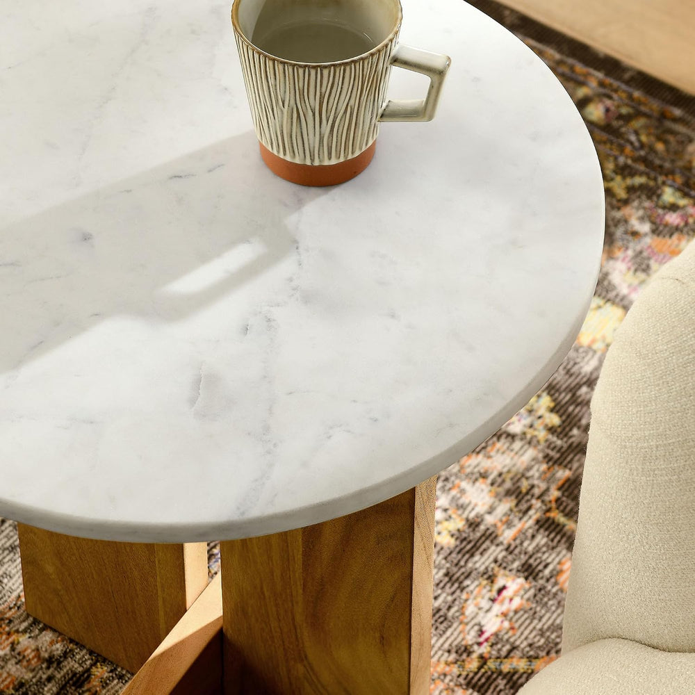 Modway Tarin Marble Top Side Table in Natural - Round Acacia Wood Living Room...