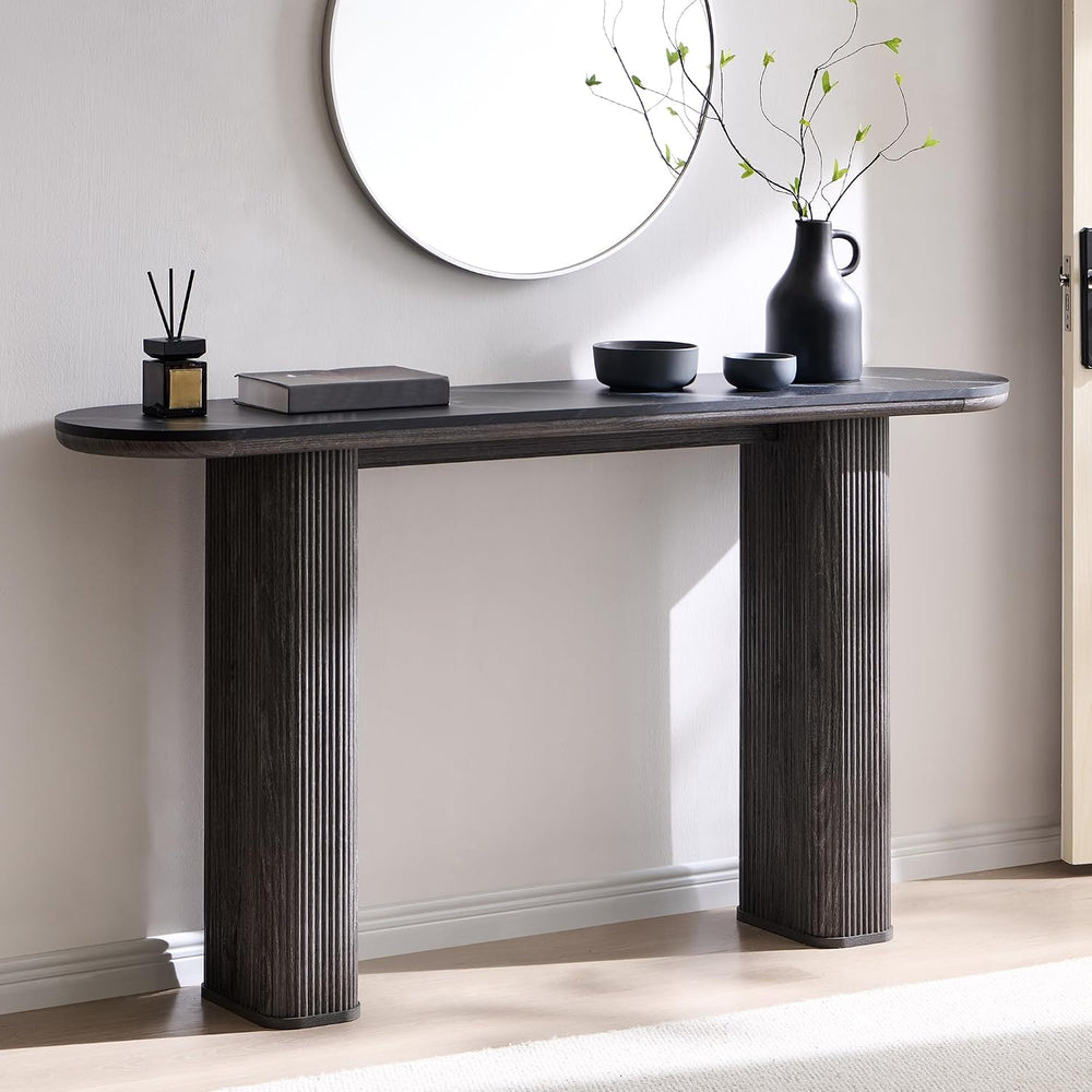 OKD 63" Modern Console Table with Arc Faux Marble Texture Top, Fluted Wo...