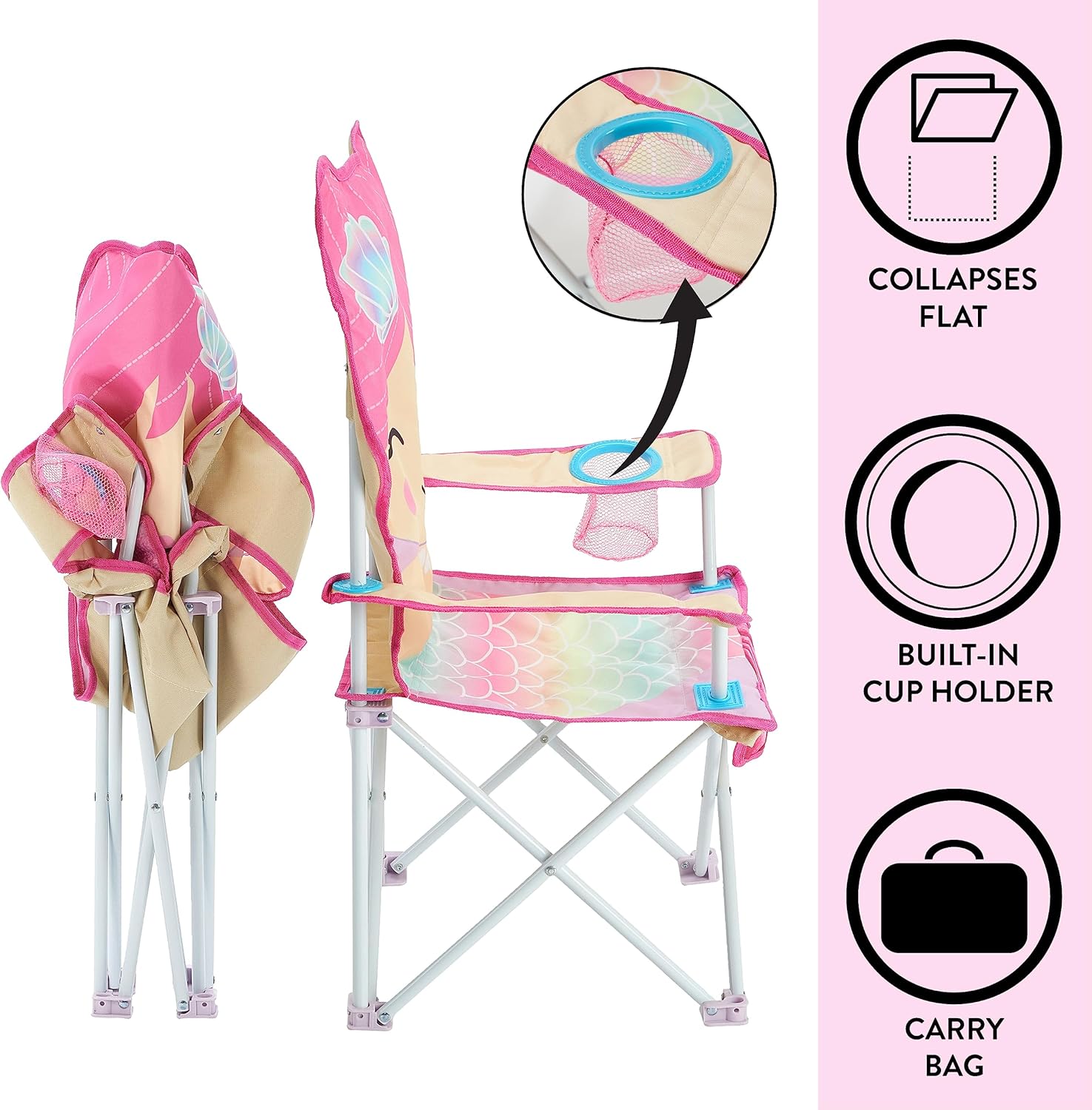 Heritage Kids Mermaid Folding Camp Chair for Kids,Figural Indoor/Outdoor Beach Chair with Armrests & Carry Bag,Lightweight & Portable,Ages 6+