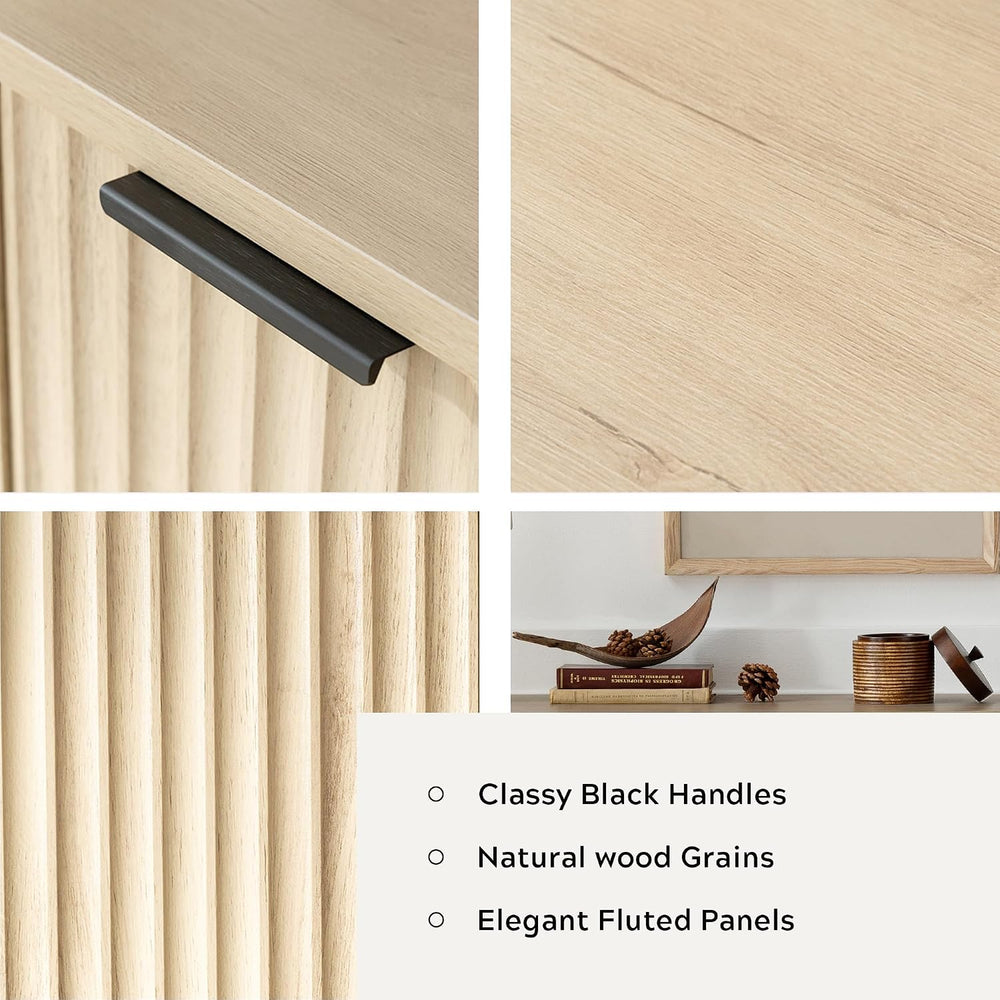 Fluted Storage Cabinet with 3 Doors, Sideboard Buffet Cabinets with Adjustabl...