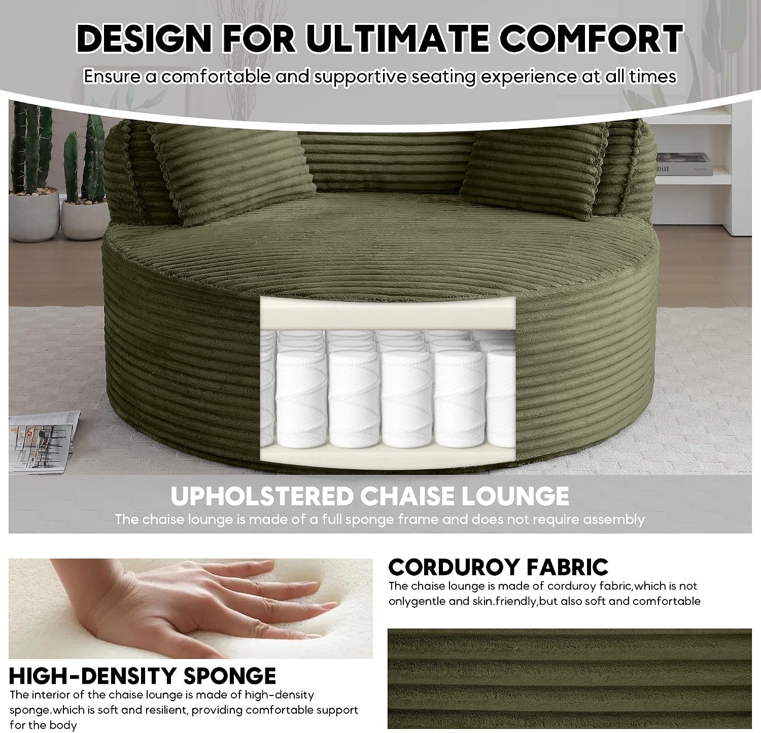 Oversized Round Chair Lounge Chaise Indoor, 53.5" Upholstered Corduroy Deep Seat Single Cloud Sofa Chair, Fluffy Modern Large Circle Boneless Sleeper Sofa for Living Room, Bedroom, Green