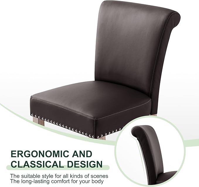 CHUN YI Dining Chairs Set of 2, Faux Leather Upholstered Dining Room Chairs with Nailhead Trim and Wood Legs, Mid Century Modern Parsons Side Chairs for Kitchen, Brown