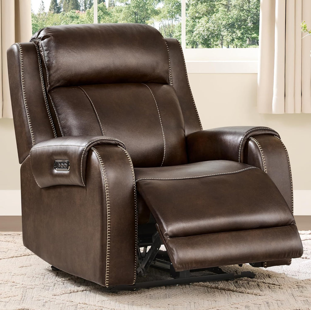 CHITA Wall Hugger Genuine Leather Power Recliner Chair, Dark Brown | Adjustable Power Headrest, USB & Type-C Ports, Compact Electric Recliner for Small Spaces & Living Rooms & RV