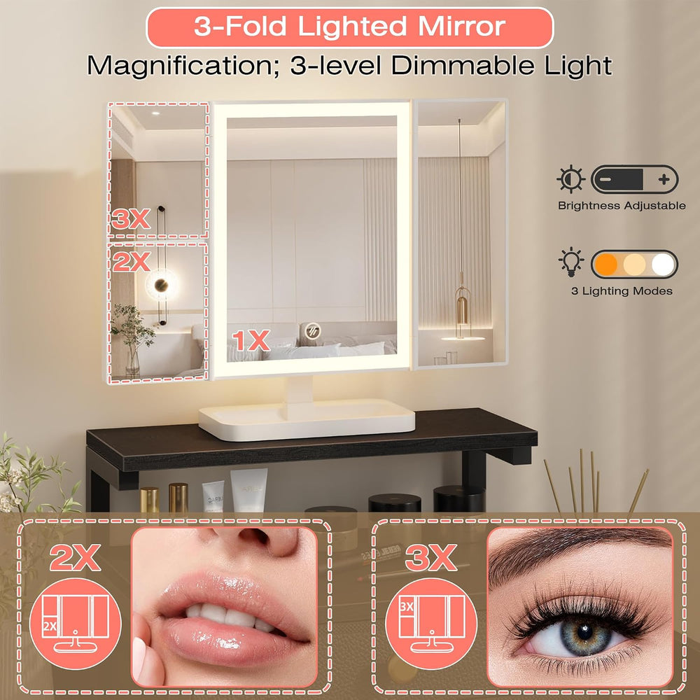 HIGDBFE Vanity Desk with Mirror and Lights 28.4''W Small Makeup Vanit...