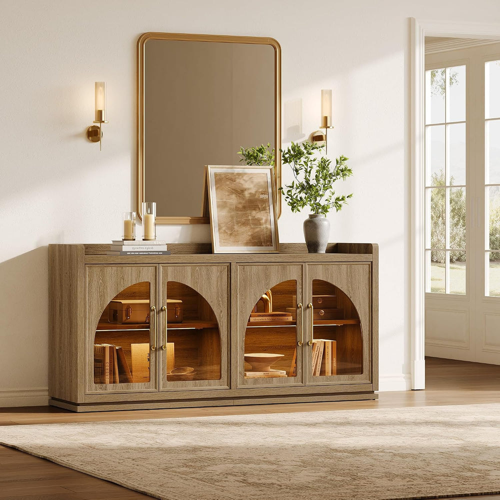 SICOTAS Sideboard Buffet Cabinet with Storage, LED Lights, Arch Glass Doors