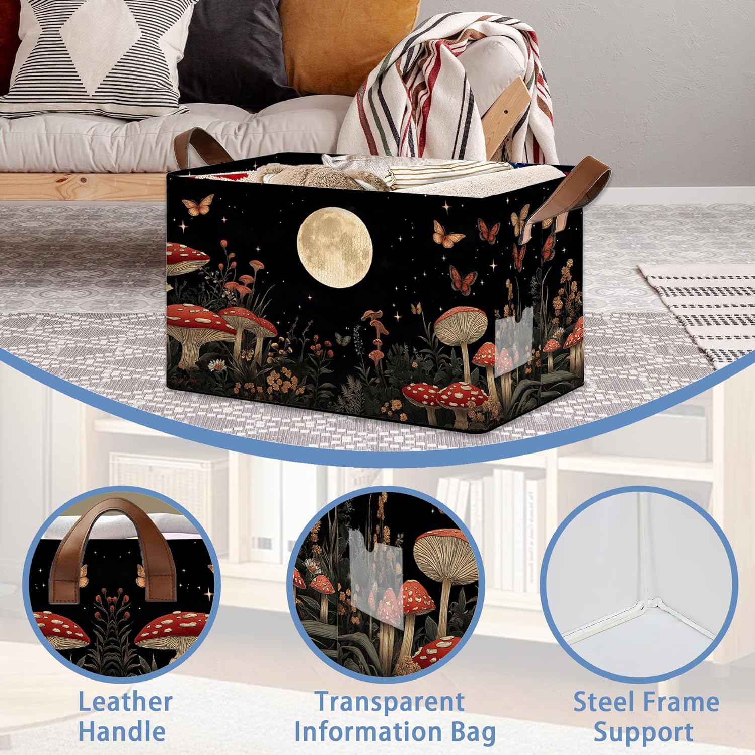 Mushroom Moon Storage Baskets,Butterfly Plants Foldable Organizer Bin with Handles for Home Living Room Bedroom Closet Box 17x11.5x10Inch