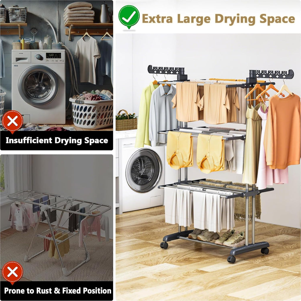 PurKeep 𝟔𝟓% 𝐎𝐅𝐅 Clothes Drying Rack with Wheels, 4 Tier Folding Drying Rack, Heavy Duty Laundry Drying Rack with Expandable Side Wings, Indoor Outdoor Clothes Air Drying Rack for Large Family