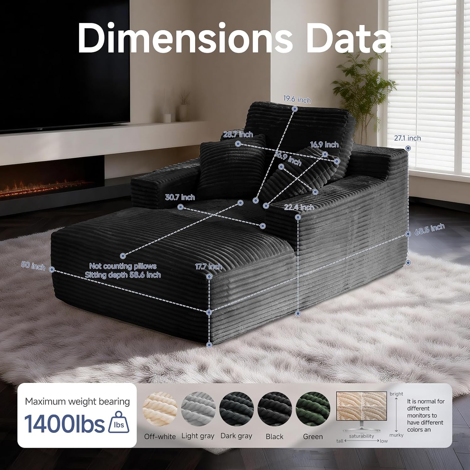 68" Oversized Boneless Chaise Lounge Chair, Cloud Reading Sofa | Oversized Comfort, Boneless Design, High-Density Foam, Deep Seat Support, Soft Corduroy, No Assembly