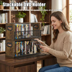 DVD Storage Box, 2 Pack Holds 56 DVDs 64 Blu ray, Stackable Media Organizer with Magnetic Door for CD, Video Game Cases, Shelf Organizer