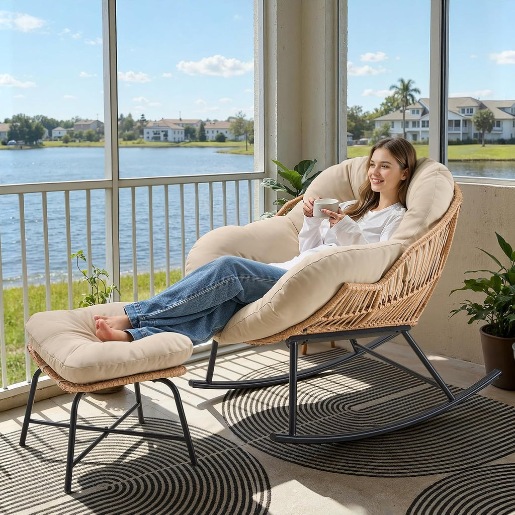 ONBRILL Papasan Rocking Chair with Ottoman, Oversized Papasan Chair, Beige | Indoor & Outdoor Rocker Chair with Padded Cushion for Living Room, Patio, Garden