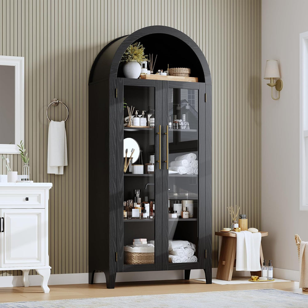 IDEALHOUSE Arched Kitchen Pantry Cabinet with Glass Doors, 5-Tier Farmhouse D...