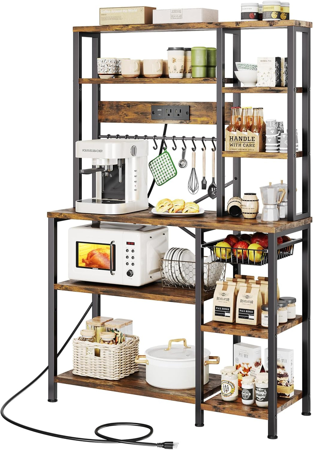 GRUSIGN Kitchen Bakers Rack with Storage, 6-Tier Coffee Bar Station with Power Outlet, Microwave Stand with 12 S-Shaped Hooks, Open Kitchen Storage Shelves for Spices, Pots and Pans, Rustic Brown