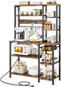GRUSIGN Kitchen Bakers Rack with Storage, 6-Tier Coffee Bar Station with Power Outlet, Microwave Stand with 12 S-Shaped Hooks, Open Kitchen Storage Shelves for Spices, Pots and Pans, Rustic Brown