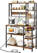 GRUSIGN Kitchen Bakers Rack with Storage, 6-Tier Coffee Bar Station with Power Outlet, Microwave Stand with 12 S-Shaped Hooks, Open Kitchen Storage Shelves for Spices, Pots and Pans, Rustic Brown