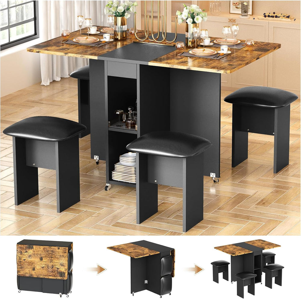 AWQM Folding Dining Table Set for 4, Storage Folding Table & Chair, Walnut