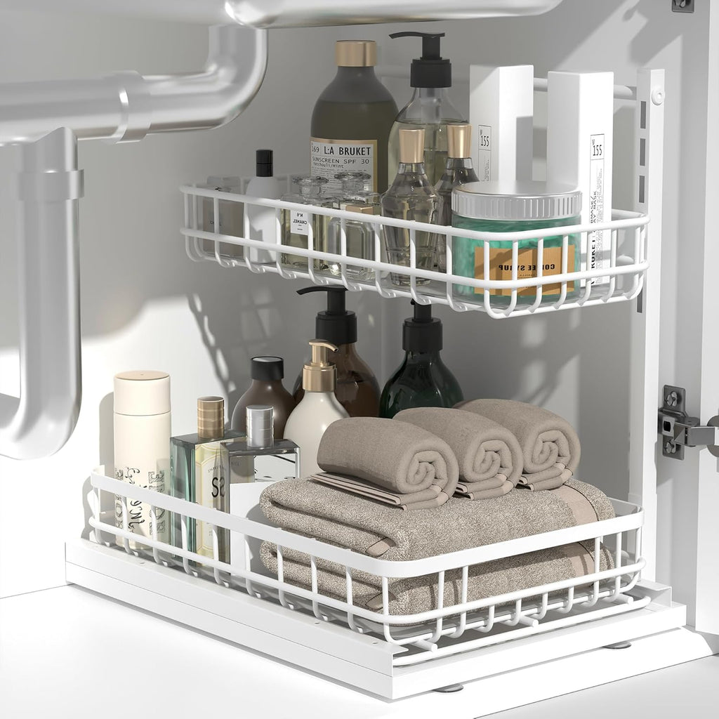 Under Sink Organizer, Adjustable Height Pull-Out Kitchen Storage Organization,15.8" x 11.8" x 16.5",2-Tier Kitchen Shelf,Bathroom Drawer Organizer, White