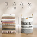 62L Striped Laundry Hamper with Leather Handles,Large Foldable Laundry Basket for Clothes,Cotton Rope Storage Bin for Blankets,Woven Clothes Basket for Bedroom,Gray Stripes