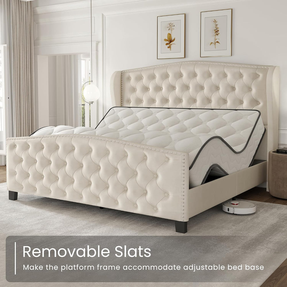 LARMACE Queen Size Bed Frame Velvet Upholstered Platform Bed with Wingback He...
