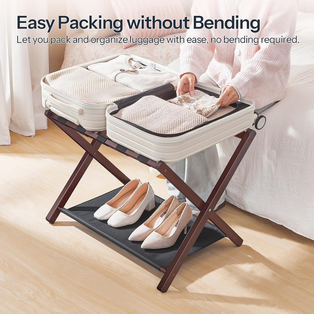 HOOBRO Luggage Racks, Set of 2 Folding Luggage Holders, Bamboo Suitcase Stands, with Nylon Straps and Oxford Fabric Shelf, for Guest Room, Hotel, Bedroom, Brown and Black BR17XLP201G1