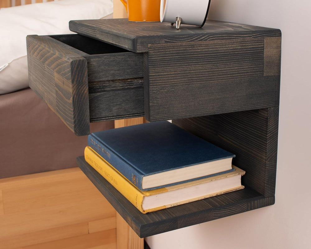 Floating Nightstand Side Accent or End Table with Storage Drawer, Wood Bedsid...