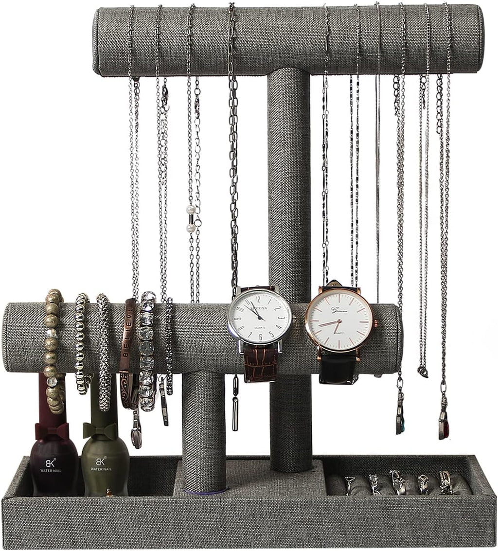 Coward 2 Tier Necklace Bracelet Holder Organizer with Ring Tray, Linen Jewelry Display Stand for Watch Scrunchie Lipstick, Perfumes,Nail polish (Gray Linen)