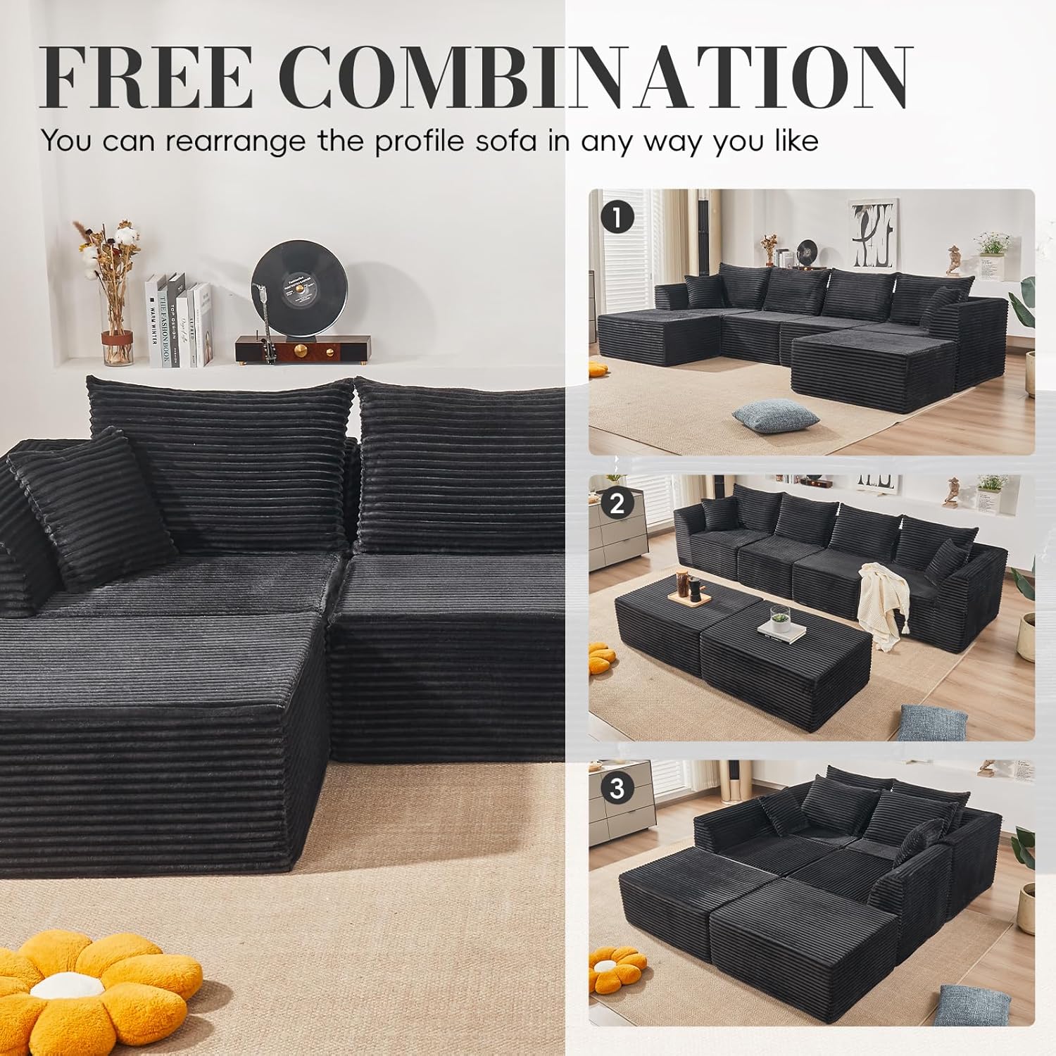 130" Modular Sectional Sofa,Modular Cloud Sofa,U-Shaped Cloud Couch with High-Density Foam & Corduroy Fabric,Boneless Couch Deep Seat Couch for Living Room Apartments Bedroom No Assembly Required ﻿