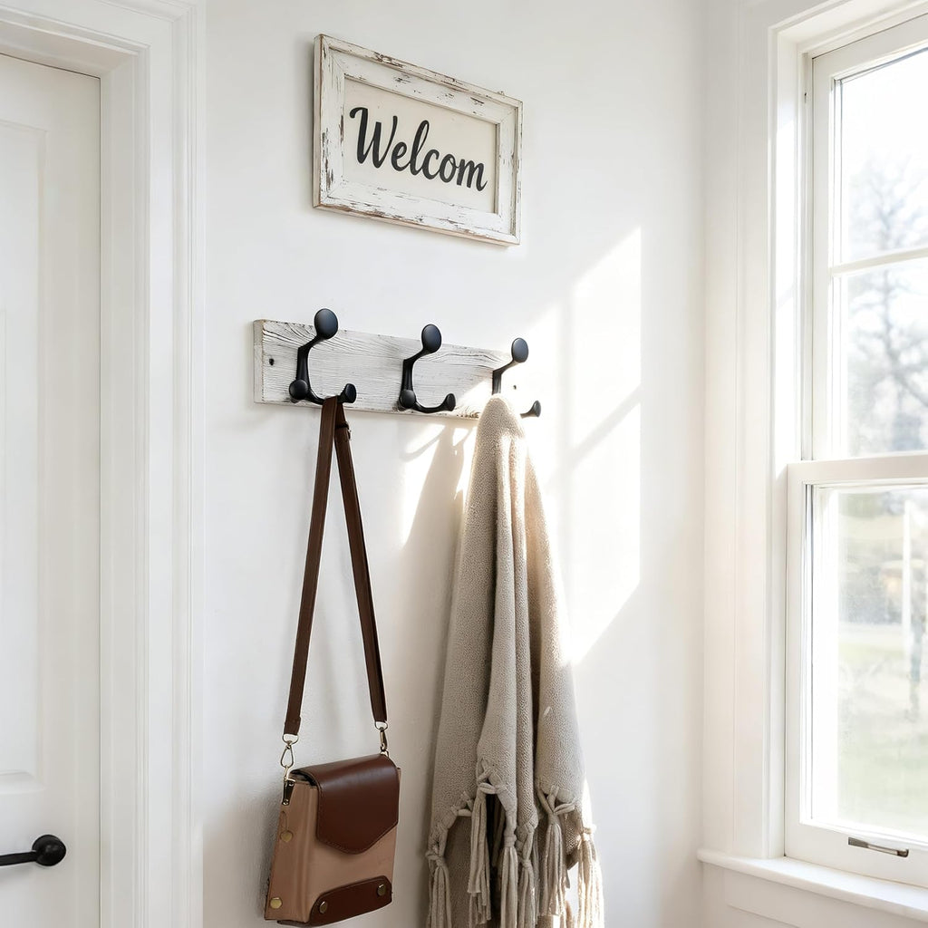SKOLOO 17-Inch Wood Coat Rack Wall Mount with 3 Triple Hooks - Ideal for Family Entrances, Classrooms, and Pet Supplies Storage - Perfect Coat Hooks for Wall,Distressed White Wash, Pack of 2