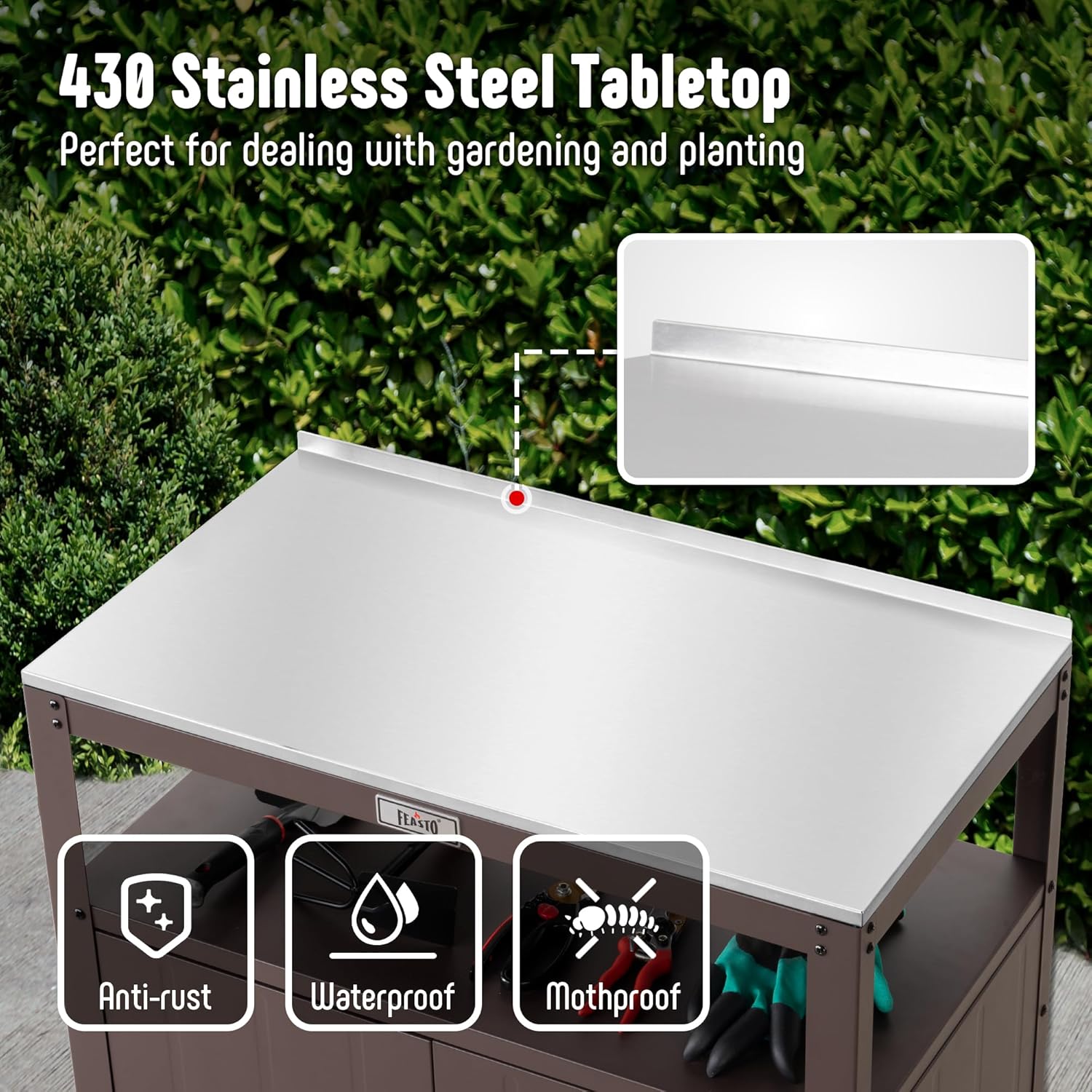 Garden Potting Bench with Storage Cabinet, Outdoor Gardening Table & Work Bench for Plants, Horticulture, Outdoor Workstation with Stainless Steel Tabletop, Outdoor Work Table