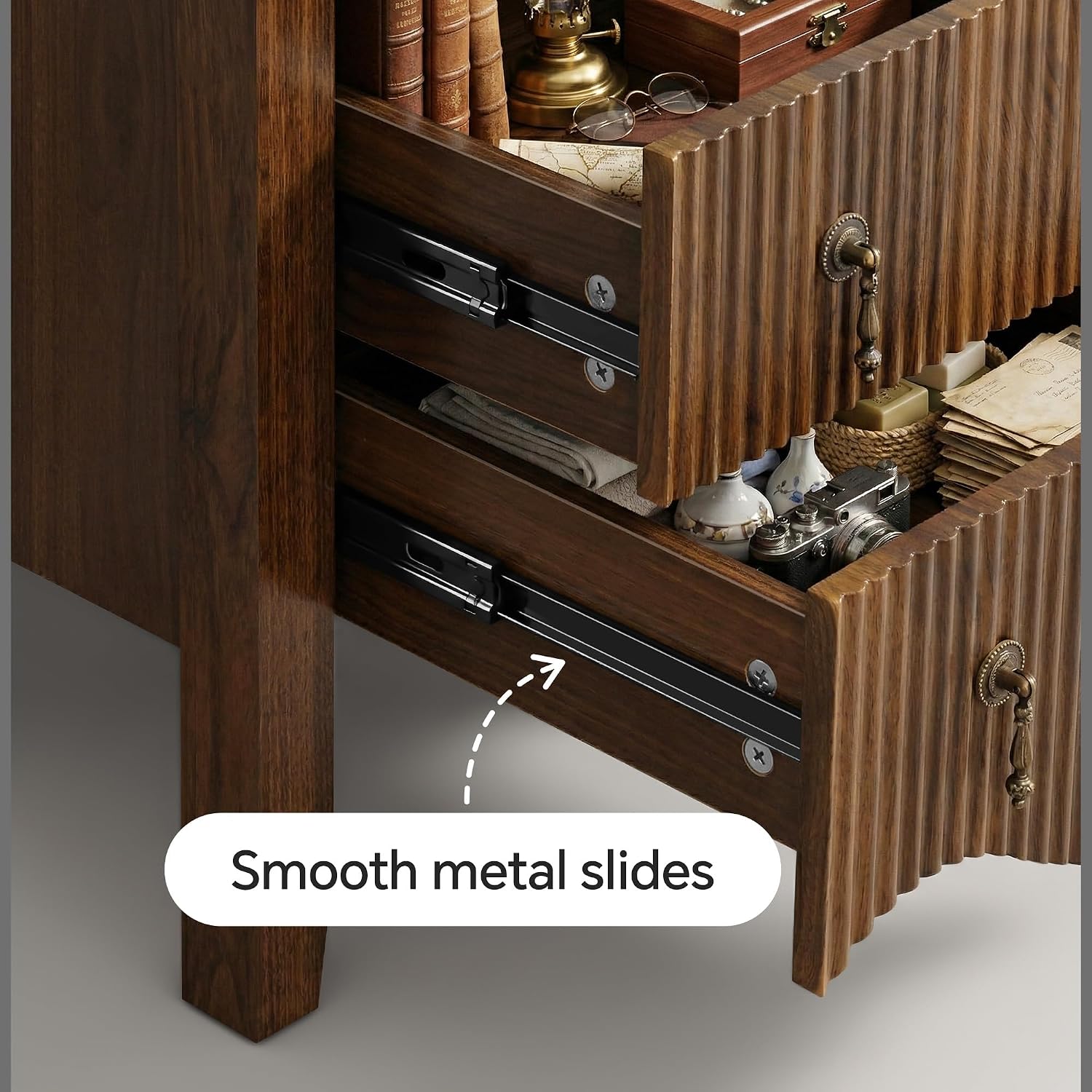 FUSUNBAO Set of 2 Nightstands with Charging Station&3 Fluted Drawers,Walnut | Vintage Bedside Table, 3 Fluted Drawers and Open Shelf, Rustic End Table, Power Outlet and USB Ports, For Bedroom
