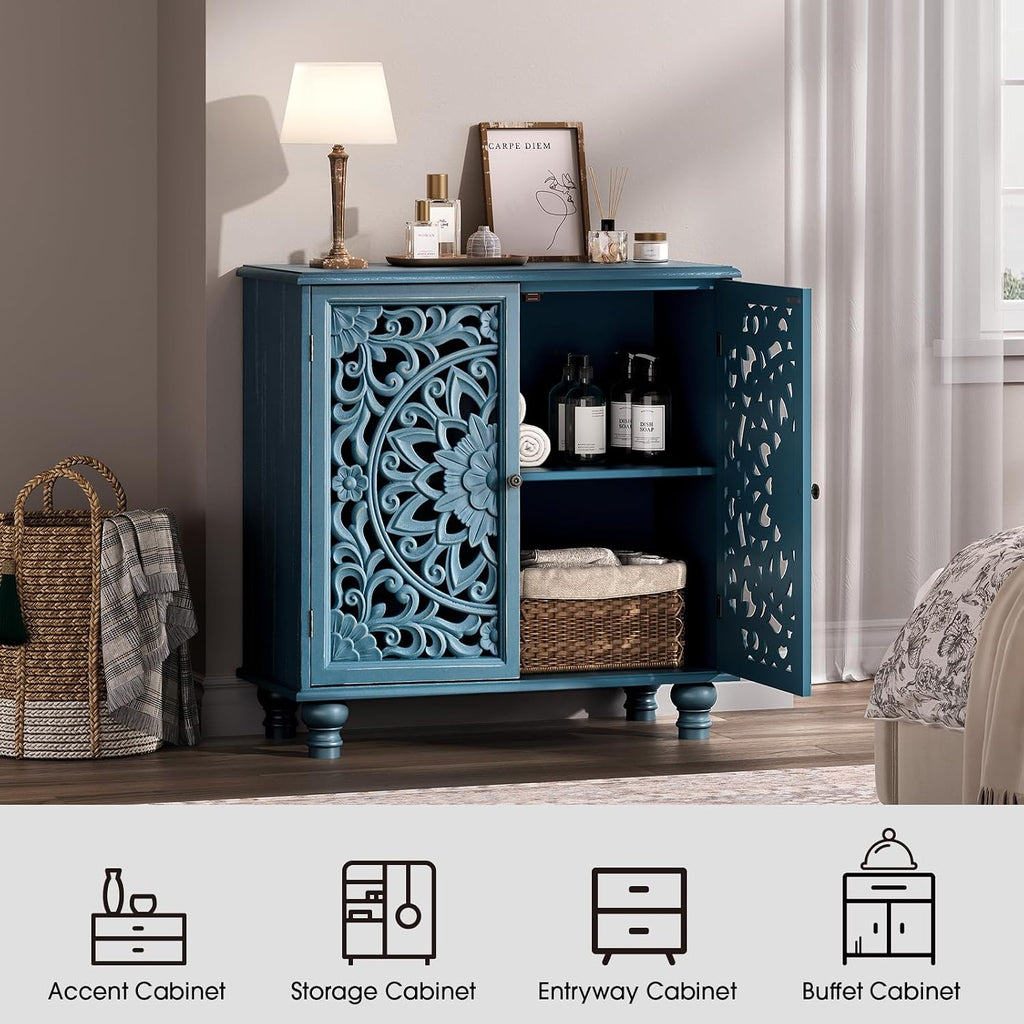 JOINICE 31" Accent Storage Cabinet with Carved Doors,Mandala Blue | Carved Floral Design, Solid Wood Legs, Versatile Storage for Living Room & Bedroom & Hallway, Adjustable Shelf, Easy Assembly