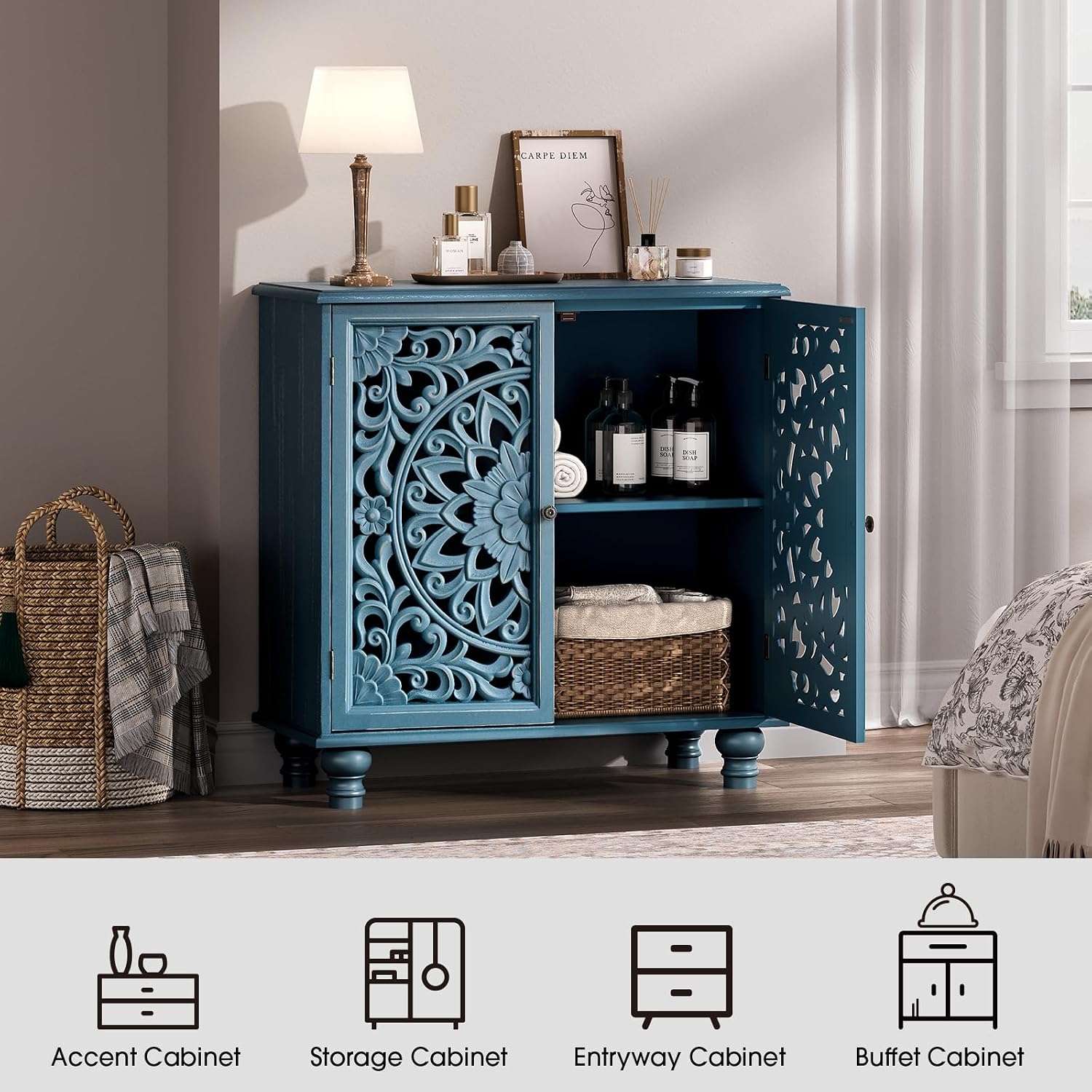 JOINICE 31" Accent Storage Cabinet with Carved Doors,Mandala Blue | Carved Floral Design, Solid Wood Legs, Versatile Storage for Living Room & Bedroom & Hallway, Adjustable Shelf, Easy Assembly