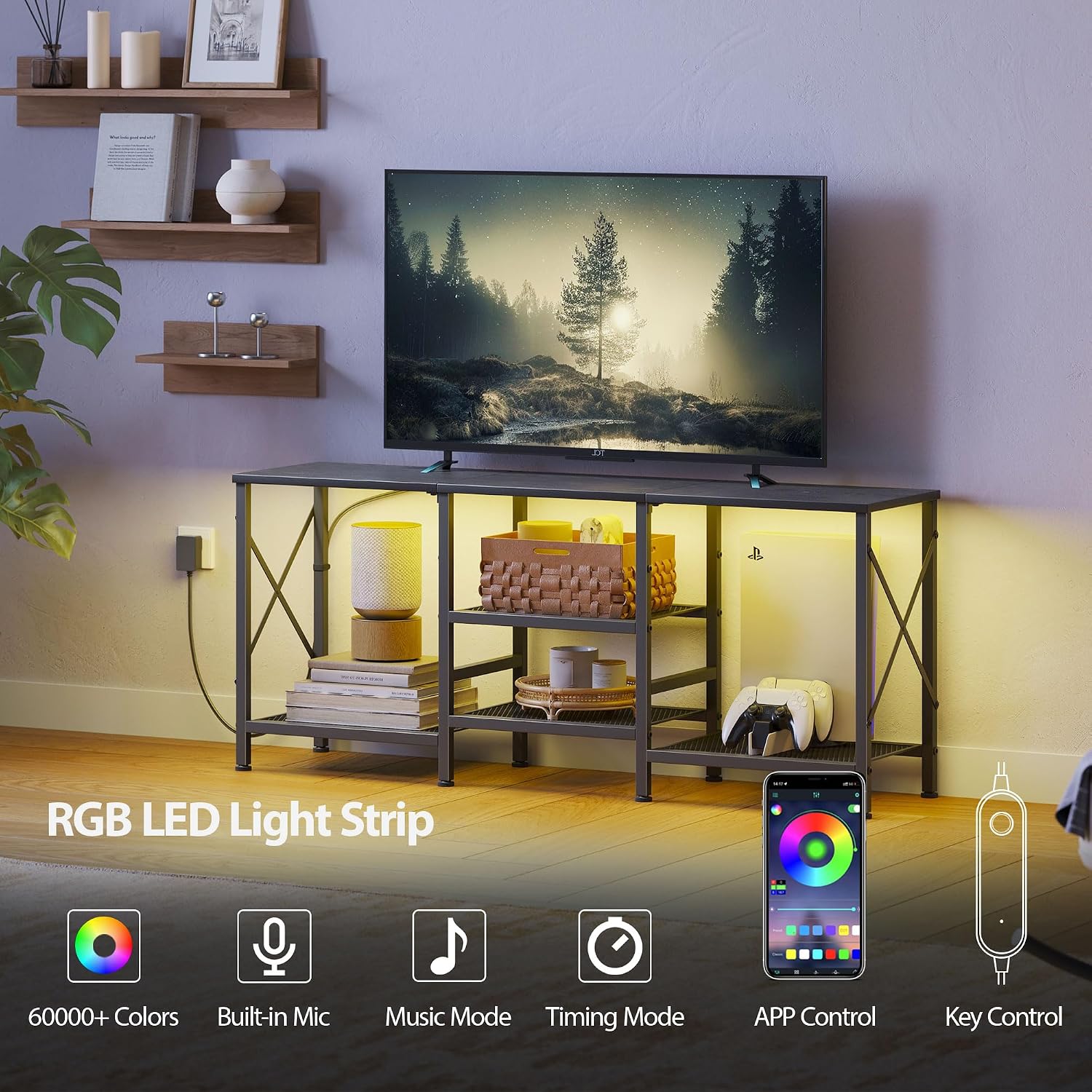 JARHETUN TV Stand with LED Lights for 55 Inch TV, Entertainment Center with 3-Tier Open Shelves, TV Console Table for Living Room, Bedroom, Black
