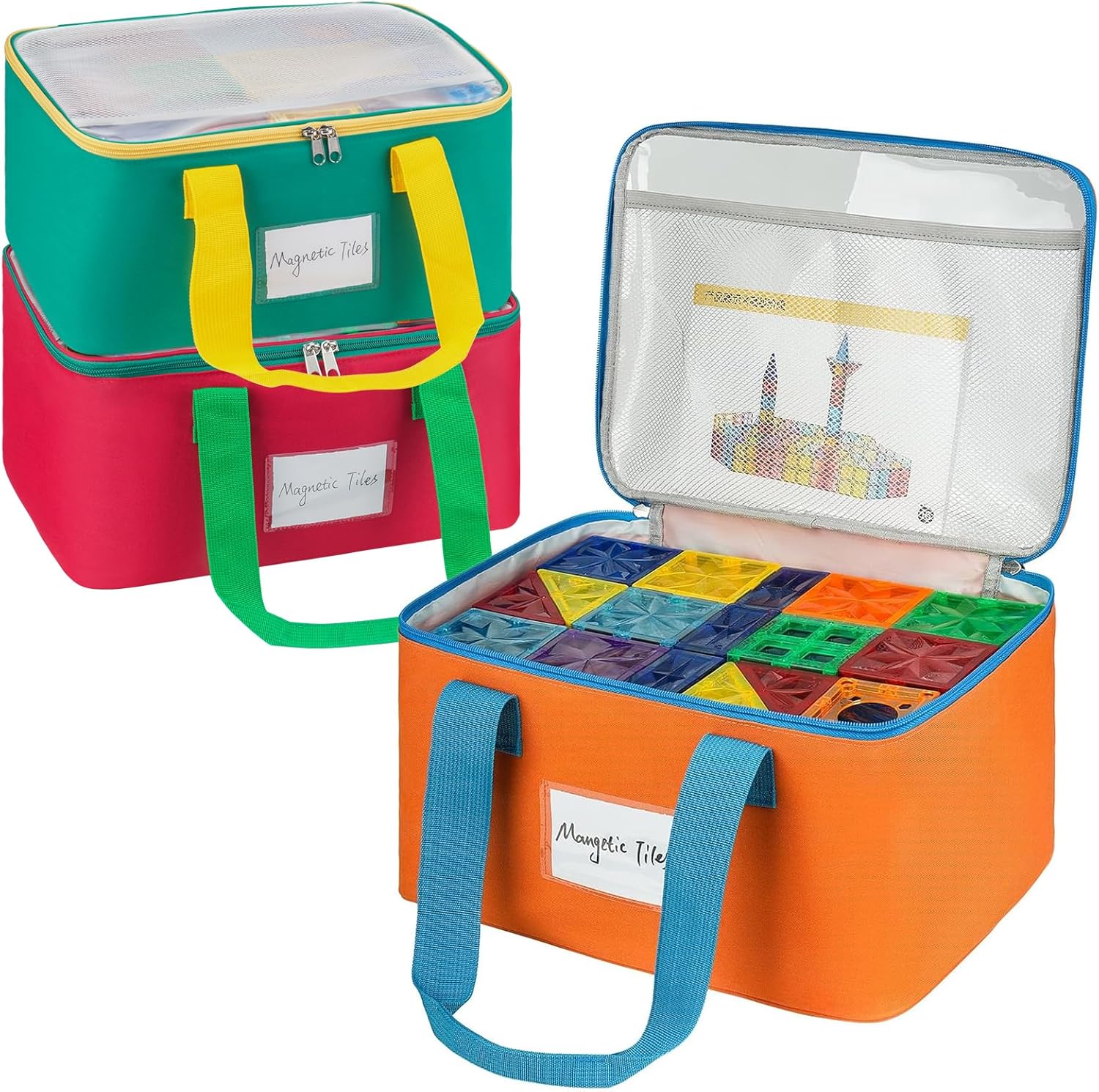 3 Packs Large Magnetic Tiles Storage Bags,Magnetic Tiles Storage Bin,Toy Organizer Case with Mesh Pocket and Tag Pocket for Magnet Building Tiles,Board Game,Puzzle and Lego Bricks