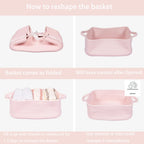 XUANGUO Medium Woven Cotton Rope Storage Basket with Handles, Light Pink | Small decorative rectangle storage bin for baby nursery items and cat toys; ideal as an empty gift basket or dog toy basket