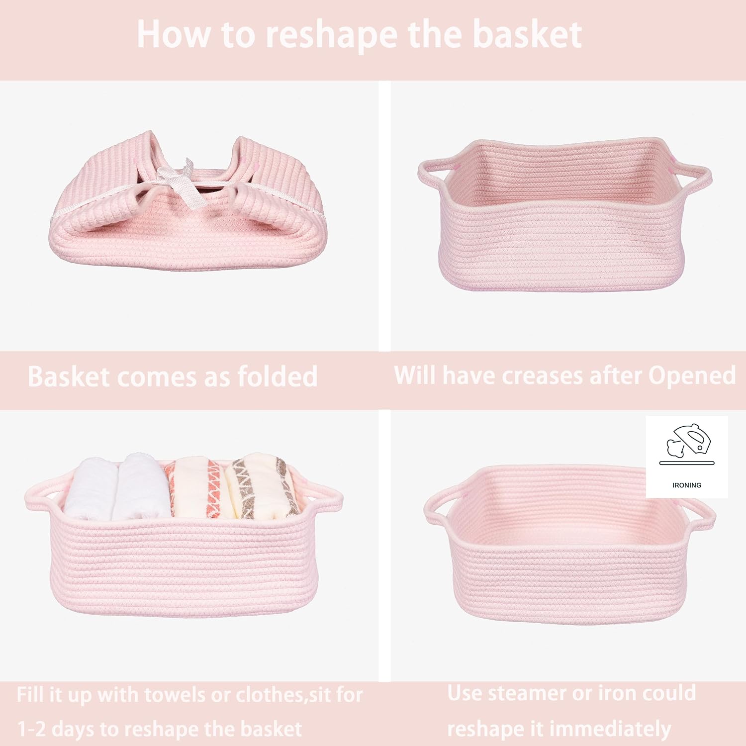 XUANGUO Medium Woven Cotton Rope Storage Basket with Handles, Light Pink | Small decorative rectangle storage bin for baby nursery items and cat toys; ideal as an empty gift basket or dog toy basket