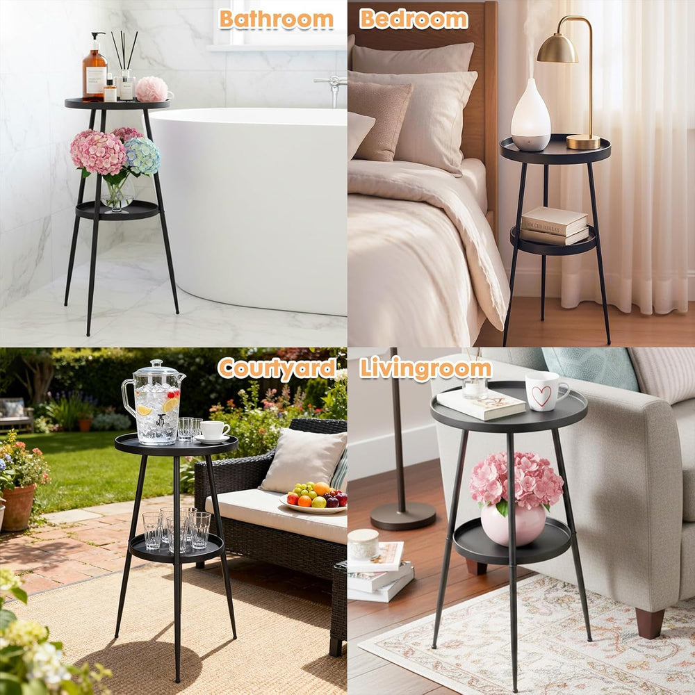 ShellKingdom Small Round Side Table, 2 Tier Metal End Table for Indoor Outdoo...