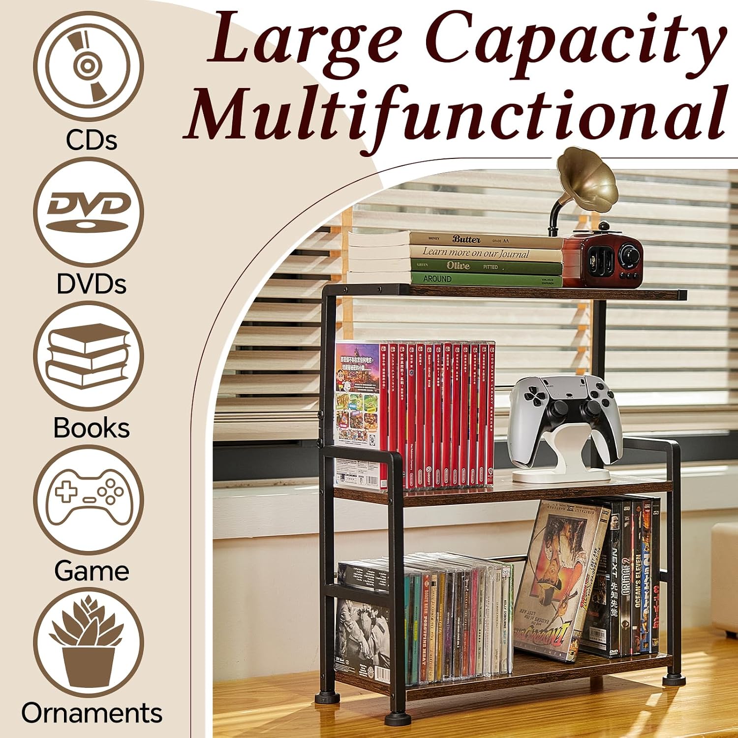 CD Storage Rack, 3-tier CD Holder for Coutertop, Wooden CD Organizer, DVD Storage Shelf, Holds Up to 70 Standard CD, Adjustable CDs Dividers, Multi-Purpose Media Storage for CD DVDs Games Books