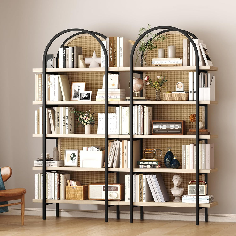 Yusong Bookshelf Rattan 5 Tier Arched Bookcase, 74" Tall Industrial Open...