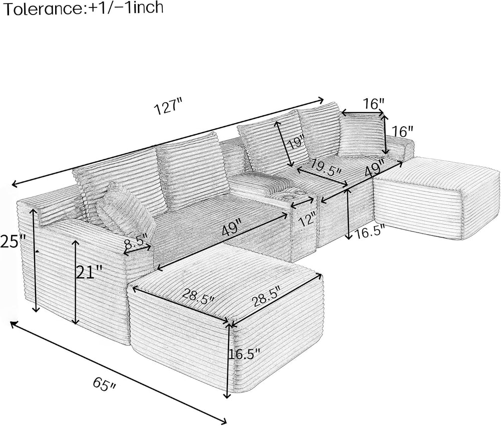 ERYE 127" U-Shaped Cloud Sectional Couch Oversized Modular Compressed Se...