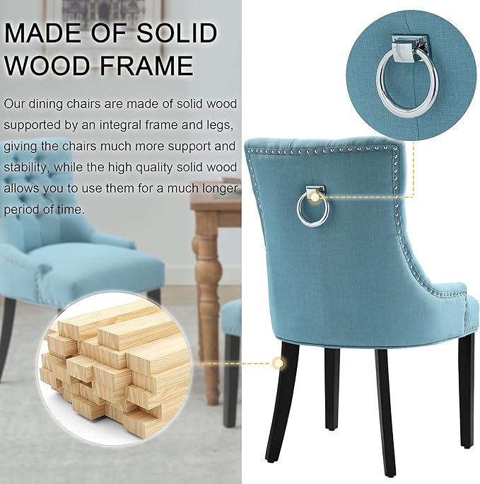 Modern Leisure Linen Dining Chairs Set of 2, Upholstered Dining Chair with Solid Wood Legs, Mid-Century Dining Room Chairs with Pull Ring and Tufted Backrest, Light Blue