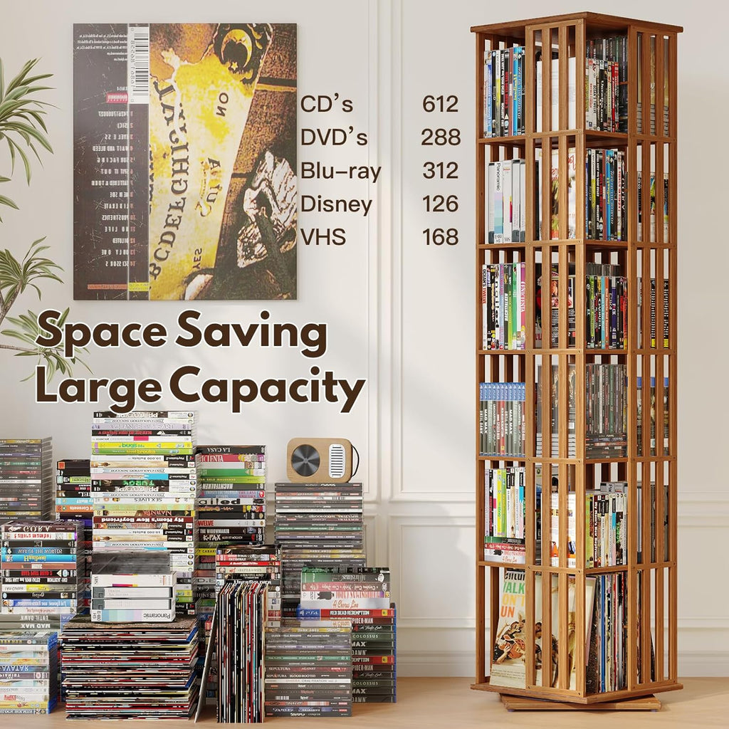 XIMN 360° Rotating Bamboo CD/DVD Shelf - 6-Tier Space-Saving Media Storage Cabinet for Movies, Organizer with Super Compact Design (Walnut, 6 Tier)