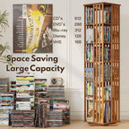 XIMN 360° Rotating Bamboo CD/DVD Shelf - 6-Tier Space-Saving Media Storage Cabinet for Movies, Organizer with Super Compact Design (Walnut, 6 Tier)