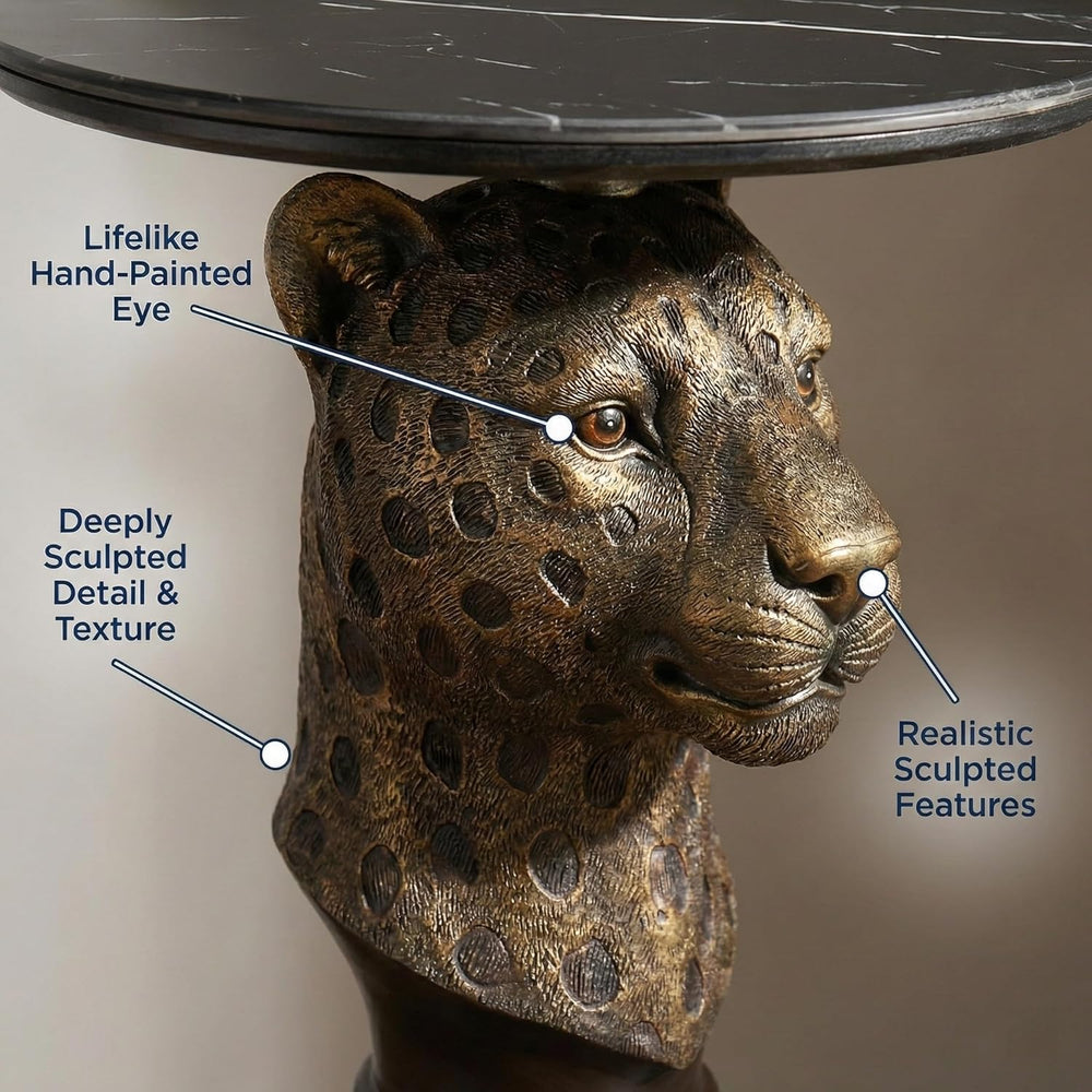 Leopard Head Accent Table with Faux Marble Top & Lifelike Texture, Animal...