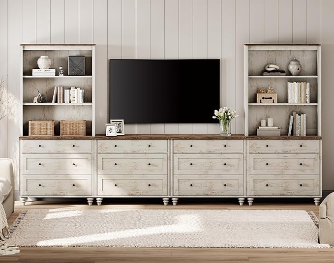 WAMPAT Entertainment Center with Bookshelves for TVs up to 75", Farmhouse Wall Unit TV Stand with Drawers, Media Console Table for Living Room, Bedroom & Home Theater, Rustic White