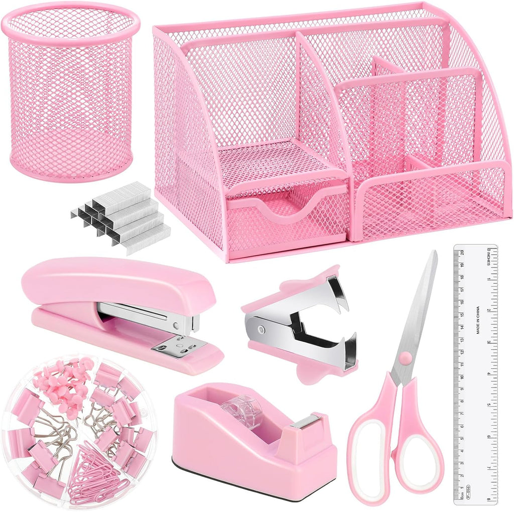 Pink Desk Organizers and Accessories, Pink Office Supplies Include Mesh Desk Organizer, Tape Dispenser, Stapler, 1000 Staples, Staple Remover, Pen Holder, Clips Set, Ruler, Scissors
